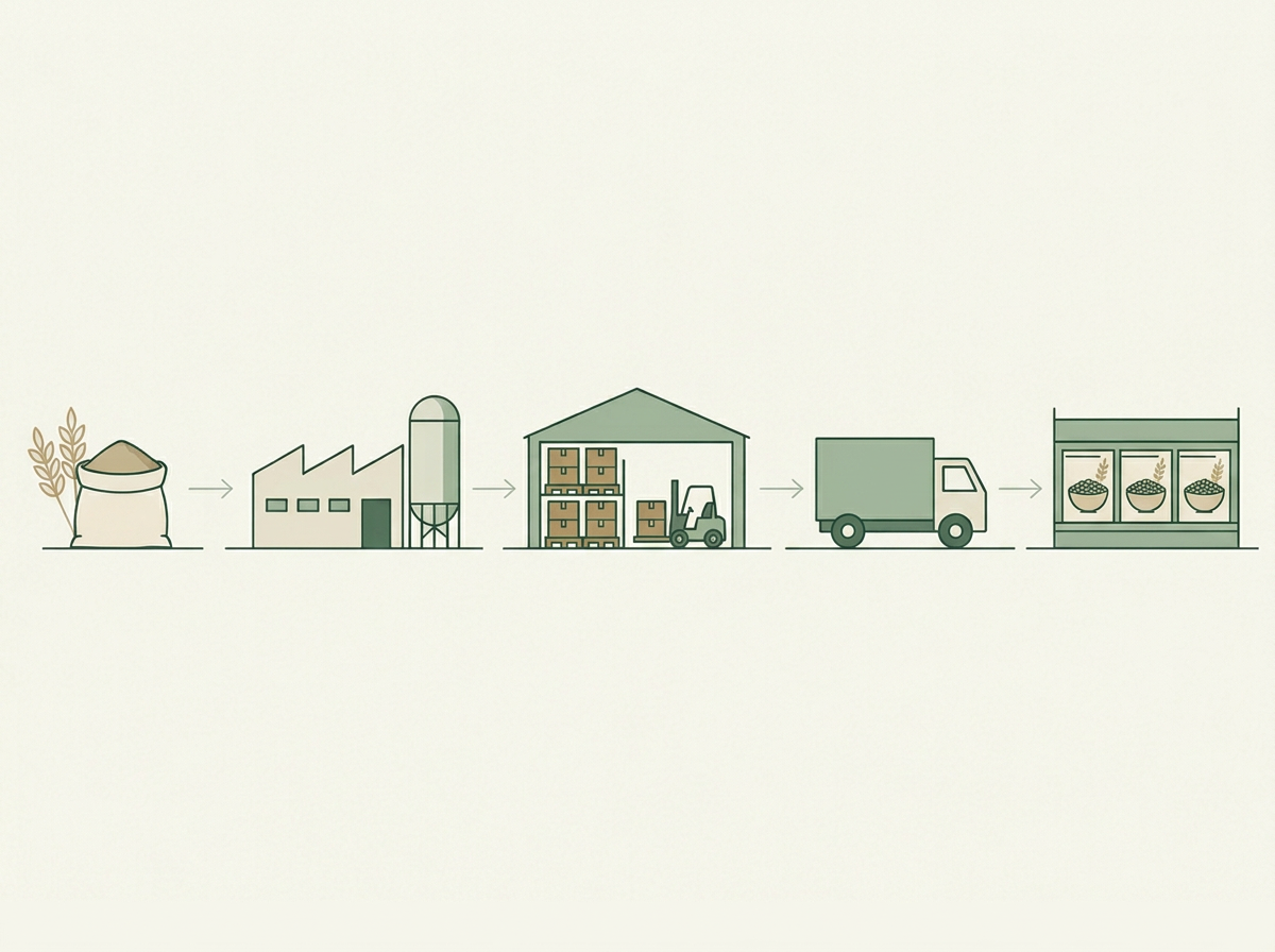 Illustrative forest-green supply chain flow on cream paper: grain sack and wheat, factory with silo, warehouse with pallets and forklift, delivery truck, and a retail cereal shelf